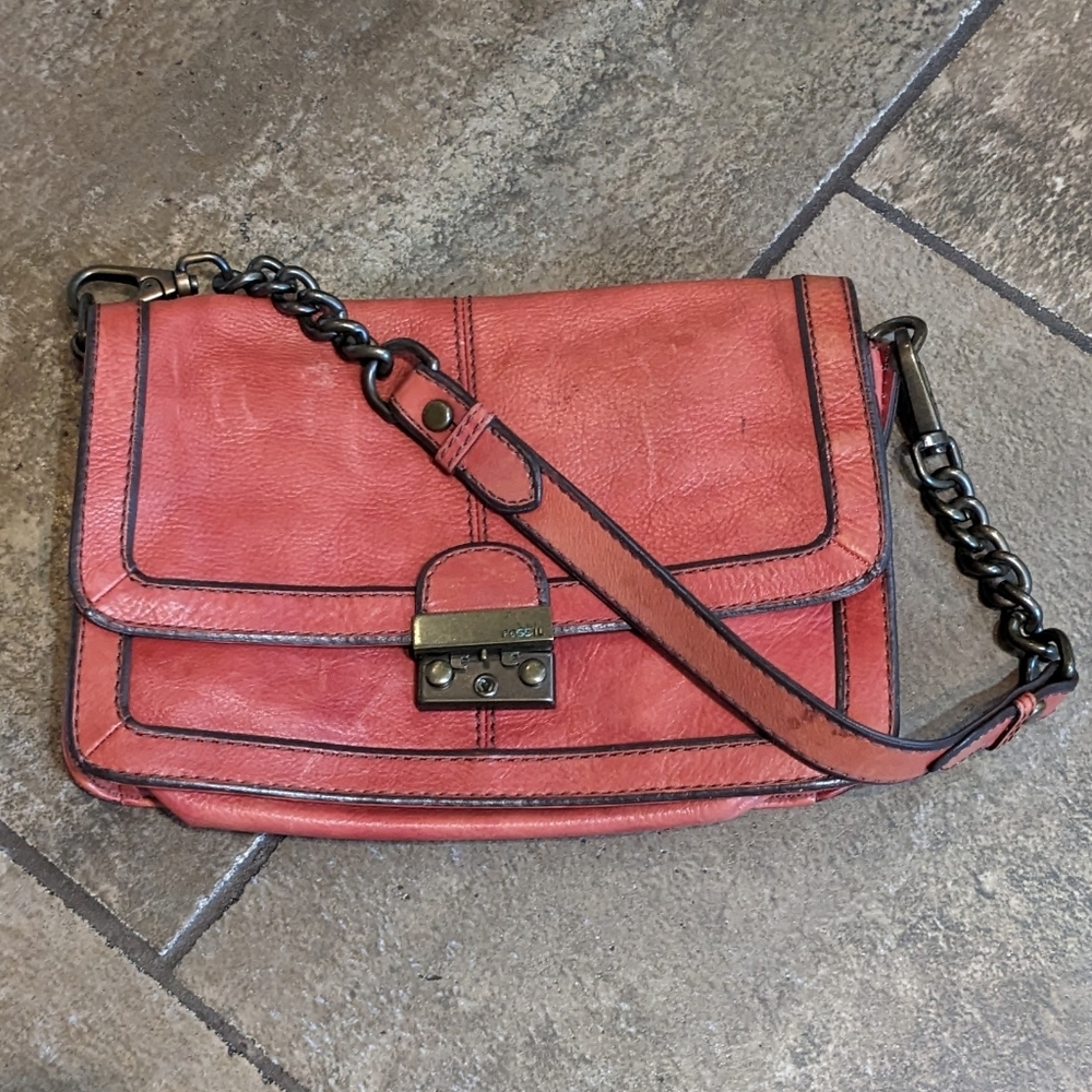 Vintage Fossil Y2K Leather Flap Chain Strap Baddie Shoulder Bag Pinky Red - Picture 10 of 16